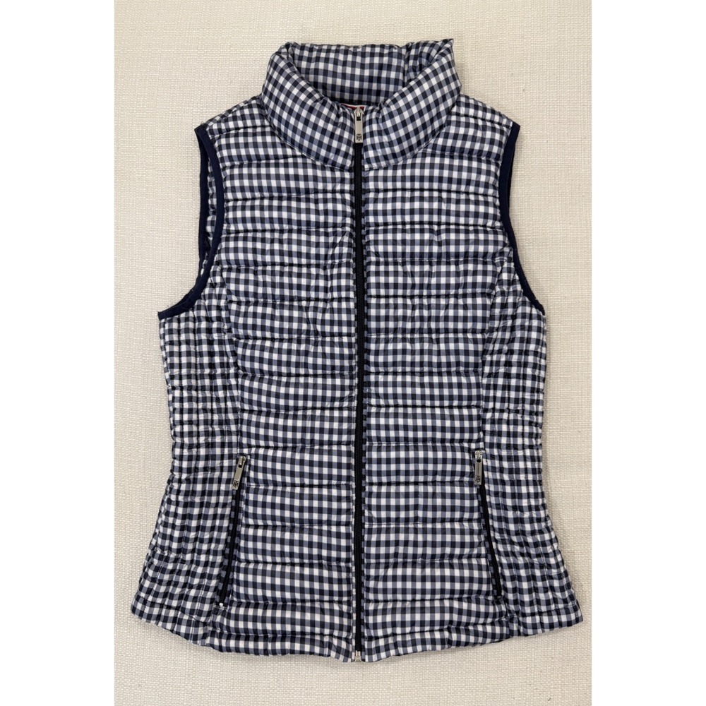 Tommy Hilfiger Gingham Puffer Vest Womens Small Navy White Packable Excellent